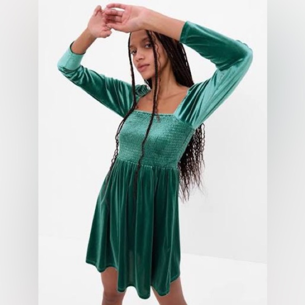 GAP Green Velvet Smocked Long Sleeve Dress